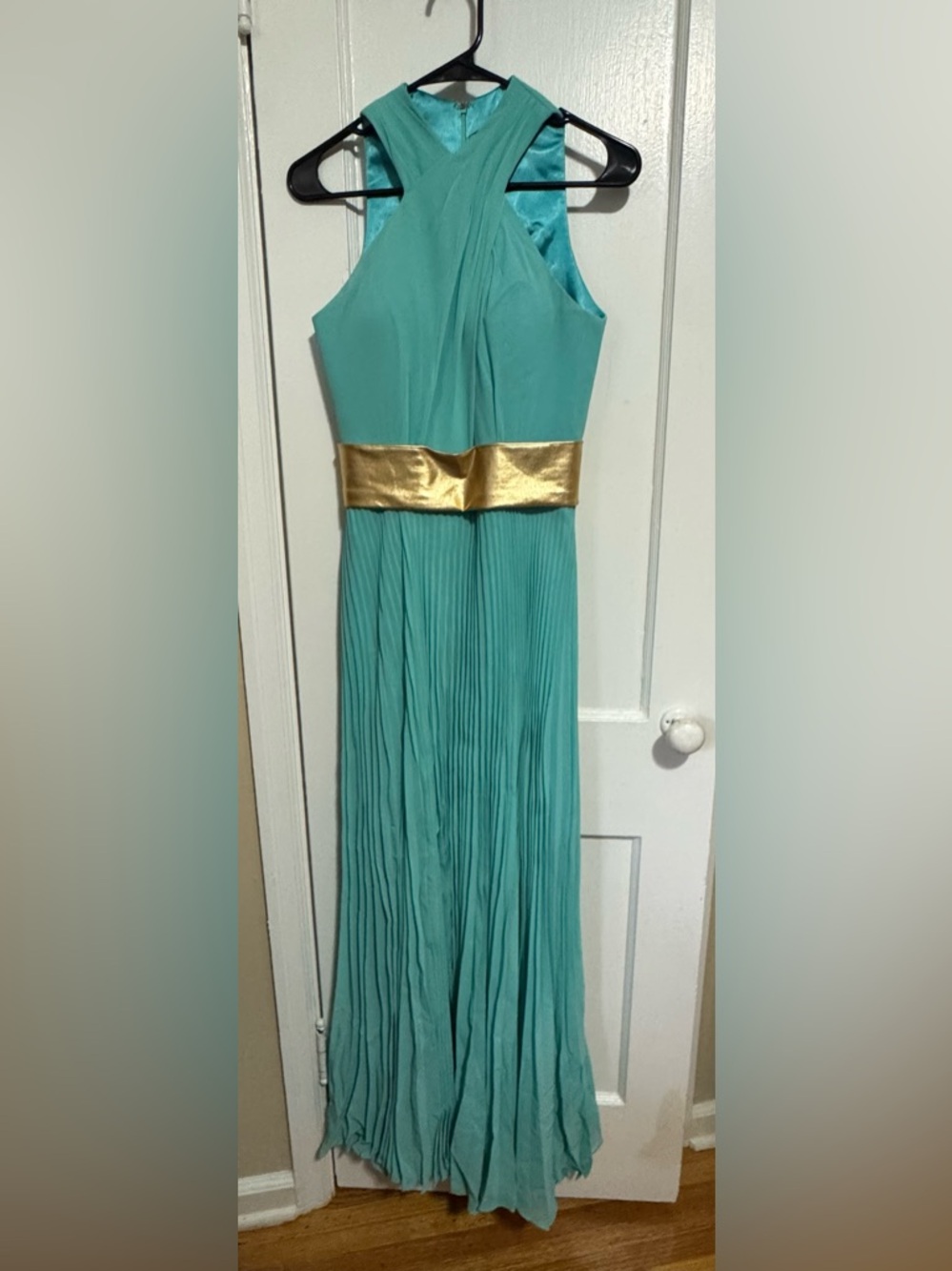 Gold-Waist Teal Pleated Maxi Dress - Women